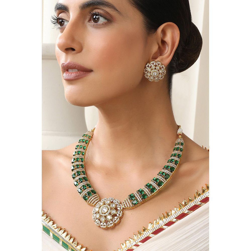 SWABHIMANN Green Gold Plated Polka Choker with Earnings