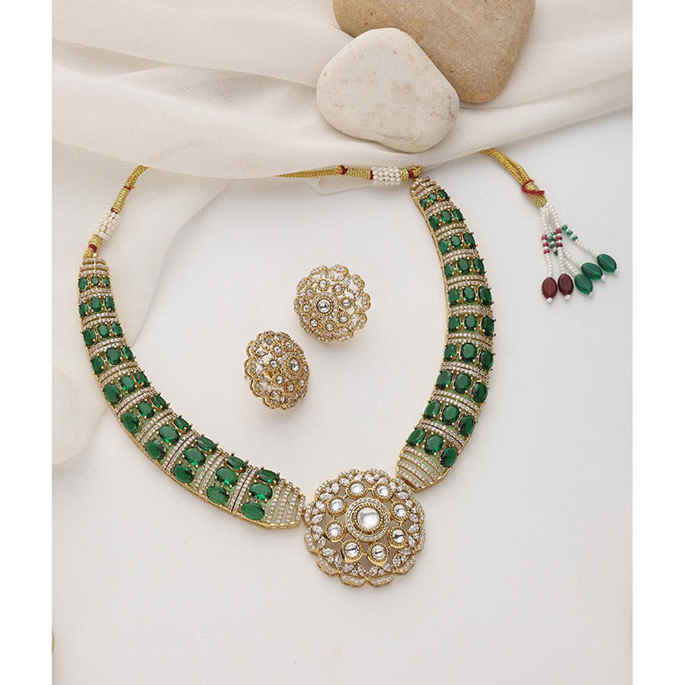 SWABHIMANN Green Gold Plated Polka Choker with Earnings