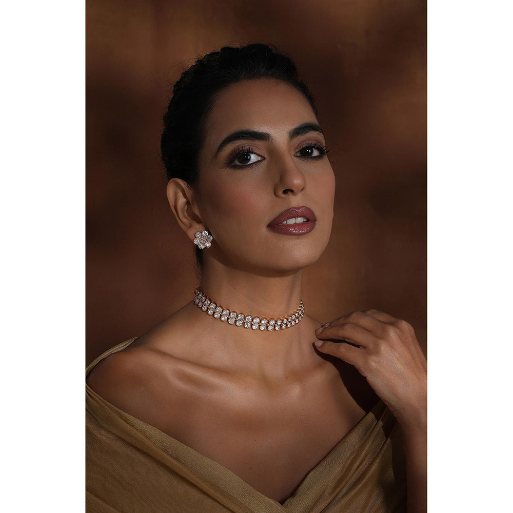 SWABHIMANN White Rose Gold Plated Polka Choker with Earnings