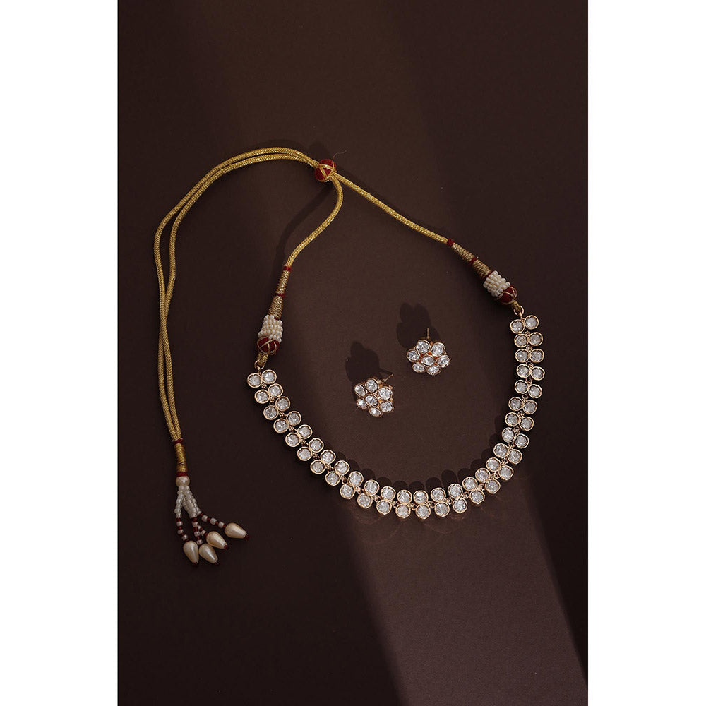 SWABHIMANN White Rose Gold Plated Polka Choker with Earnings