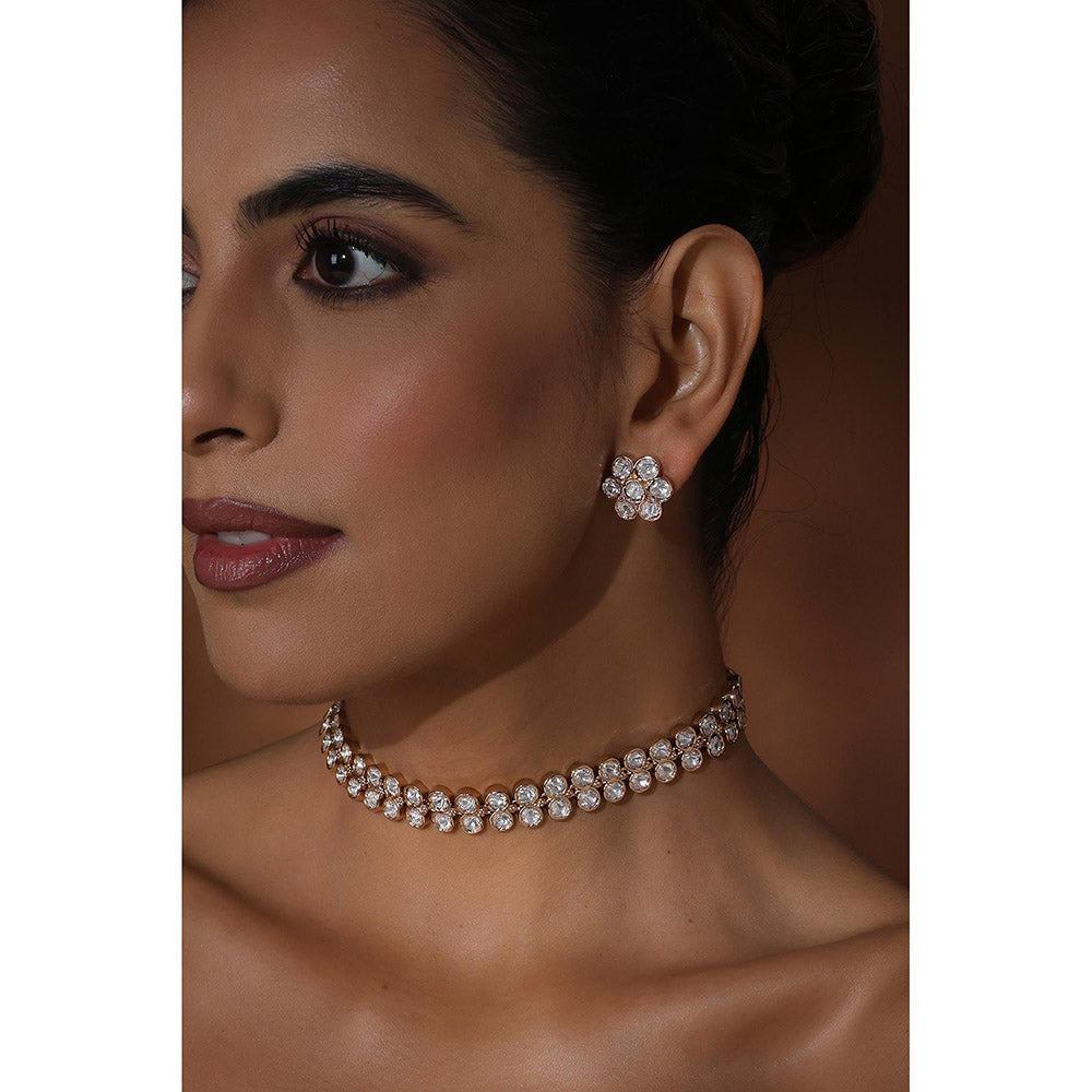 SWABHIMANN White Rose Gold Plated Polka Choker with Earnings