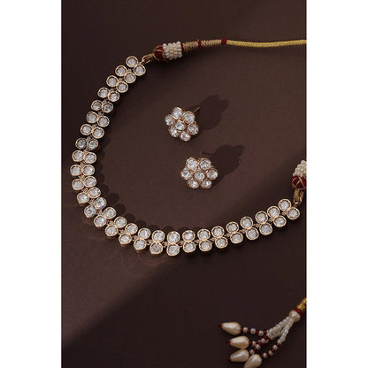 SWABHIMANN White Rose Gold Plated Polka Choker with Earnings