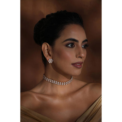 SWABHIMANN White Rose Gold Plated Polka Choker with Earnings