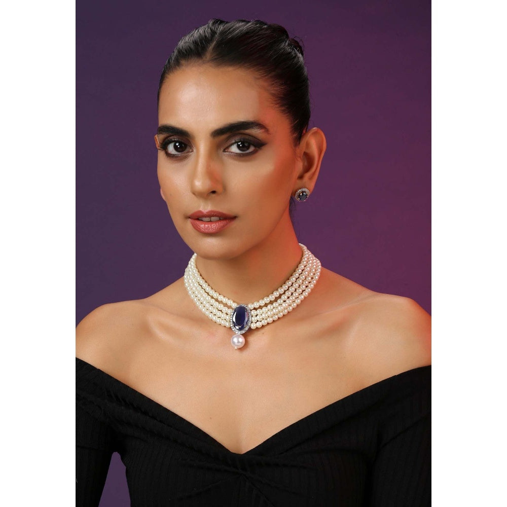SWABHIMANN Mirana Sapphire Zirconia and Pearl Choker Necklace with Earrings Set