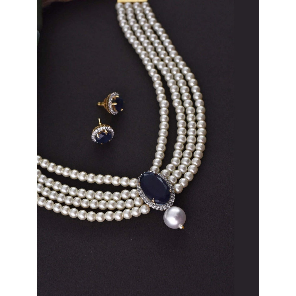 SWABHIMANN Mirana Sapphire Zirconia and Pearl Choker Necklace with Earrings Set