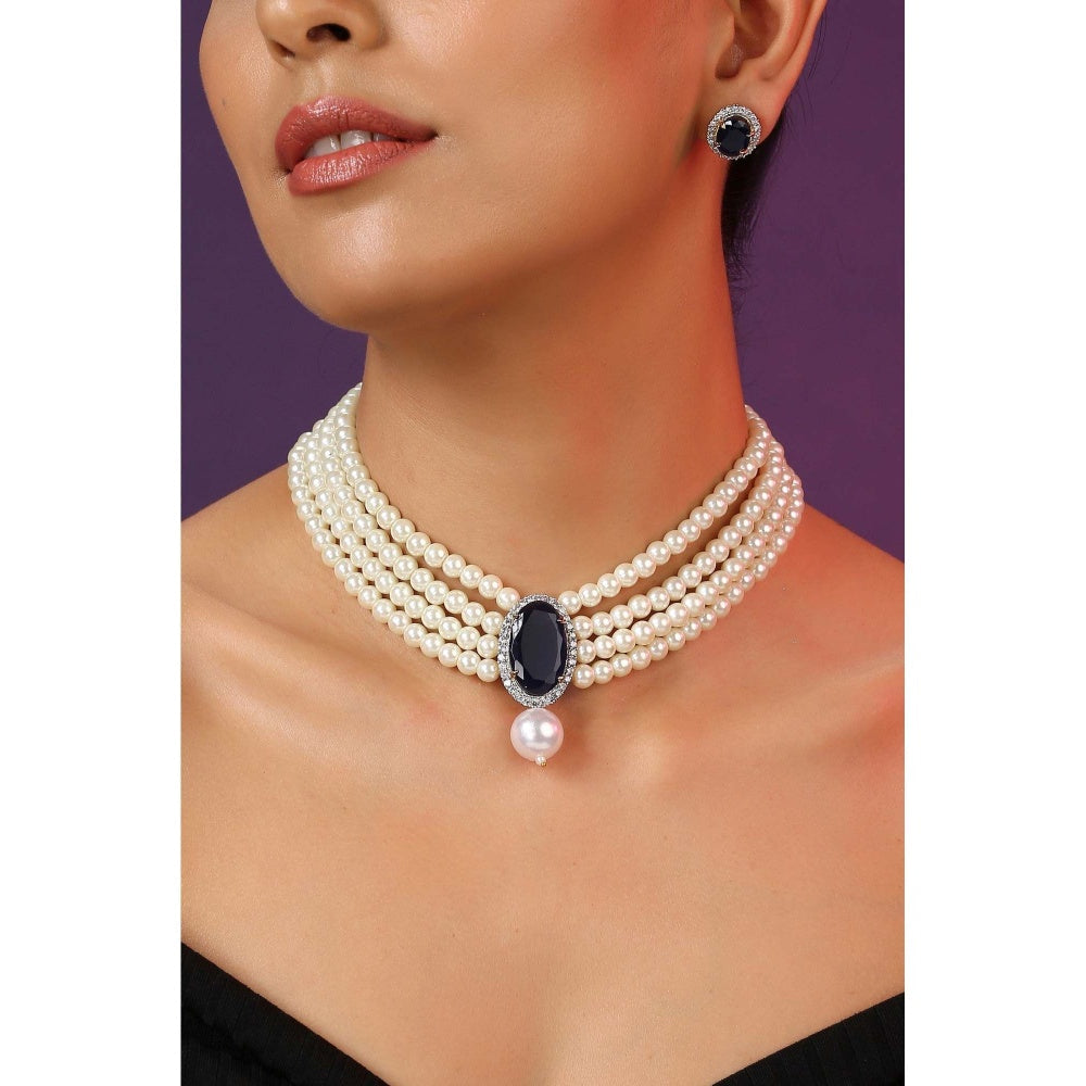 SWABHIMANN Mirana Sapphire Zirconia and Pearl Choker Necklace with Earrings Set
