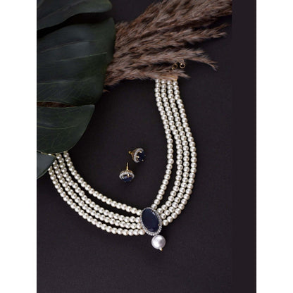 SWABHIMANN Mirana Sapphire Zirconia and Pearl Choker Necklace with Earrings Set