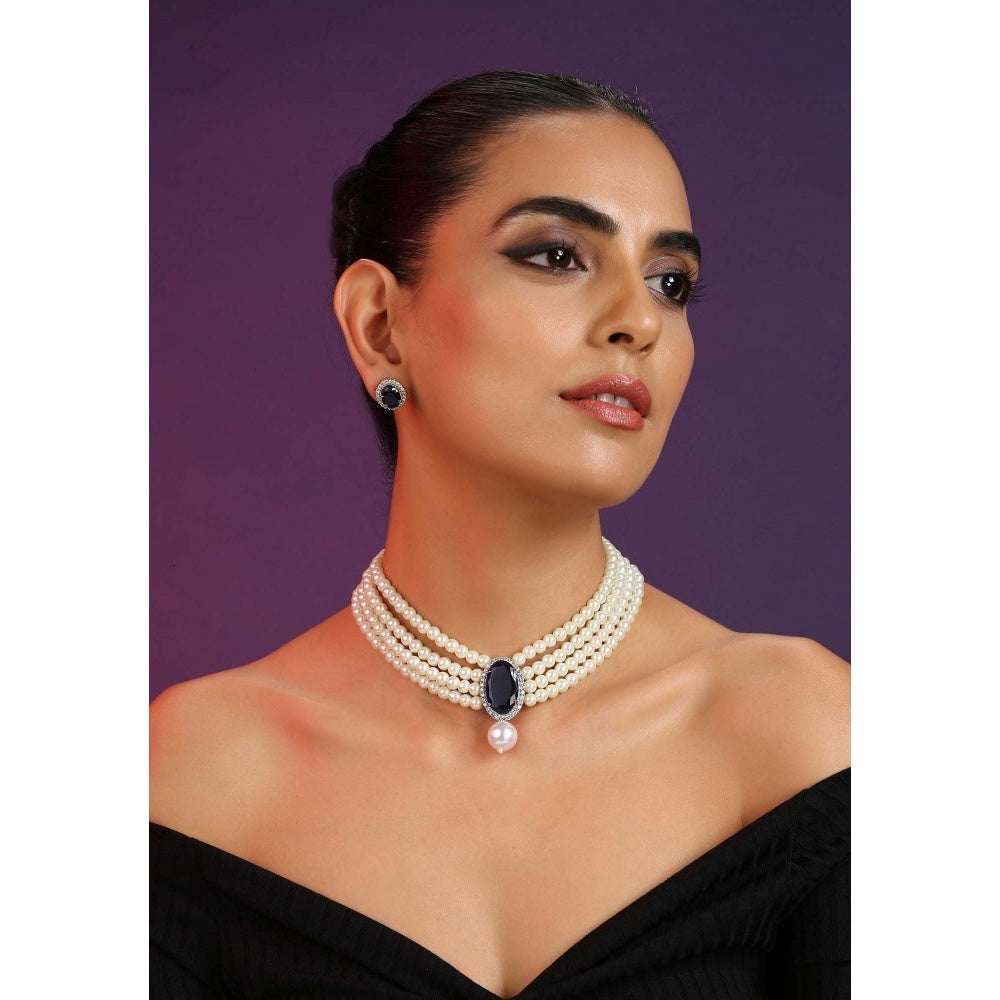 SWABHIMANN Mirana Sapphire Zirconia and Pearl Choker Necklace with Earrings Set