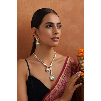 SWABHIMANN Yaavi Green Polki Necklace with Earrings Set