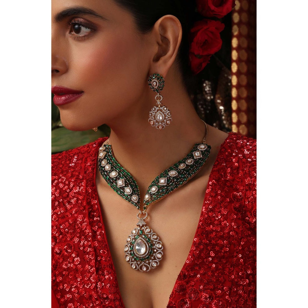 SWABHIMANN Mrida Emerald Polki Necklace with Earrings Set