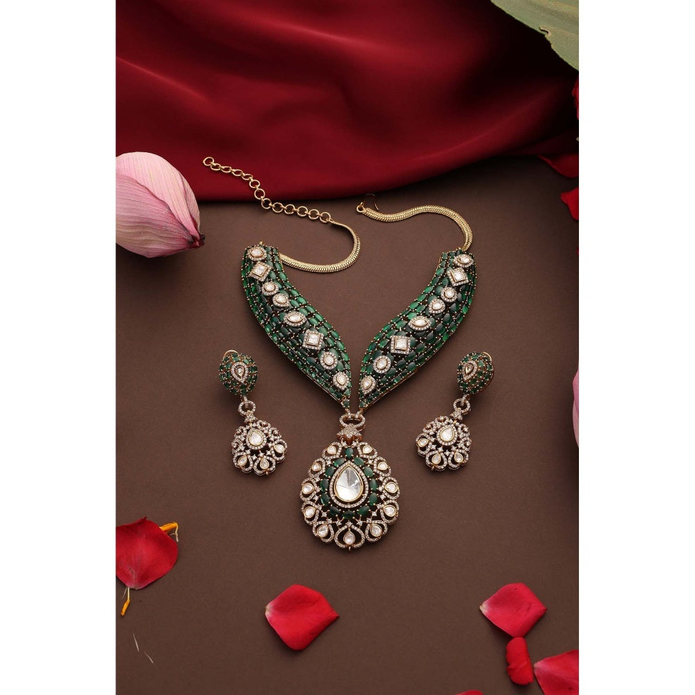 SWABHIMANN Mrida Emerald Polki Necklace with Earrings Set
