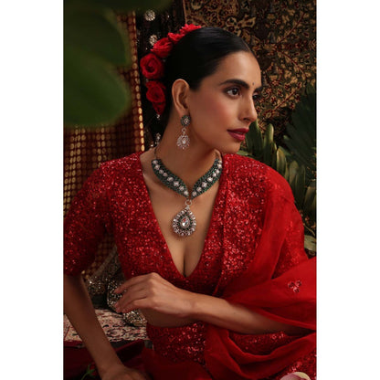 SWABHIMANN Mrida Emerald Polki Necklace with Earrings Set