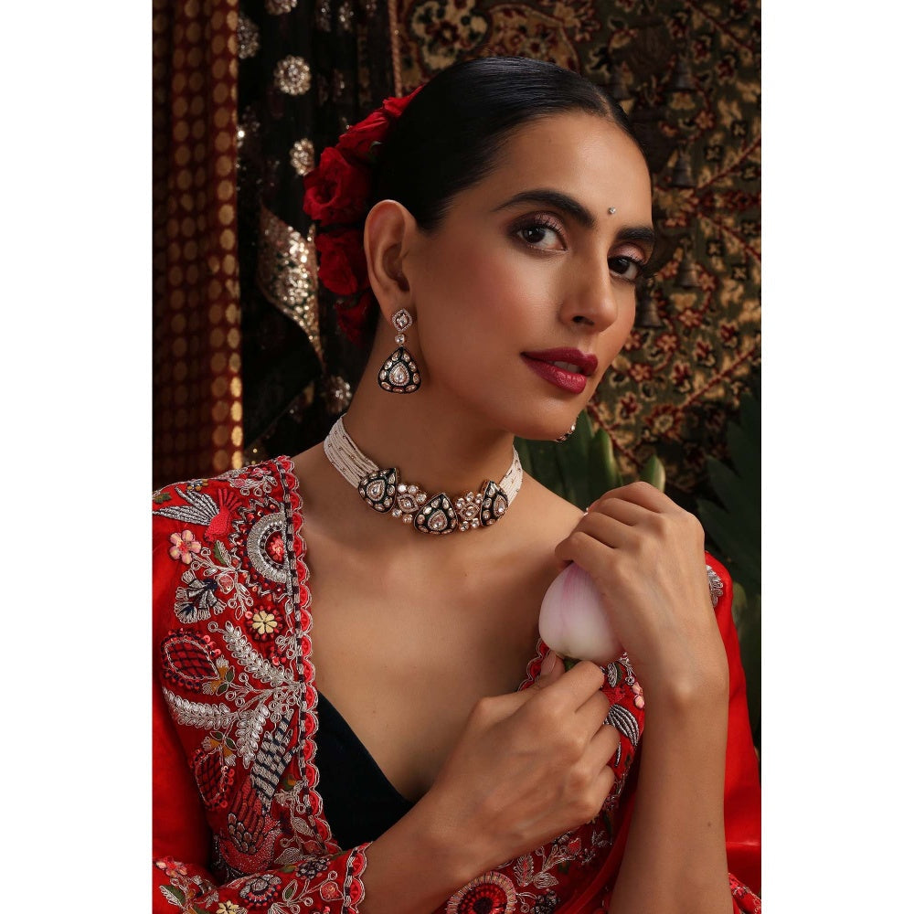SWABHIMANN Ridhie Green Polki Choker Necklace with Earrings Set