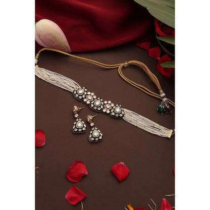 SWABHIMANN Ridhie Green Polki Choker Necklace with Earrings Set