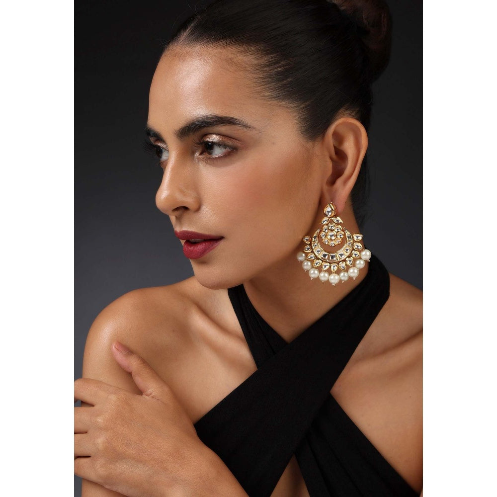 SWABHIMANN Hanka Gold Kundan and Pearl Chandbali Earrings