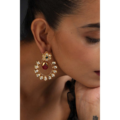 SWABHIMANN Moira Red and Green Kundan Chandbali Earrings