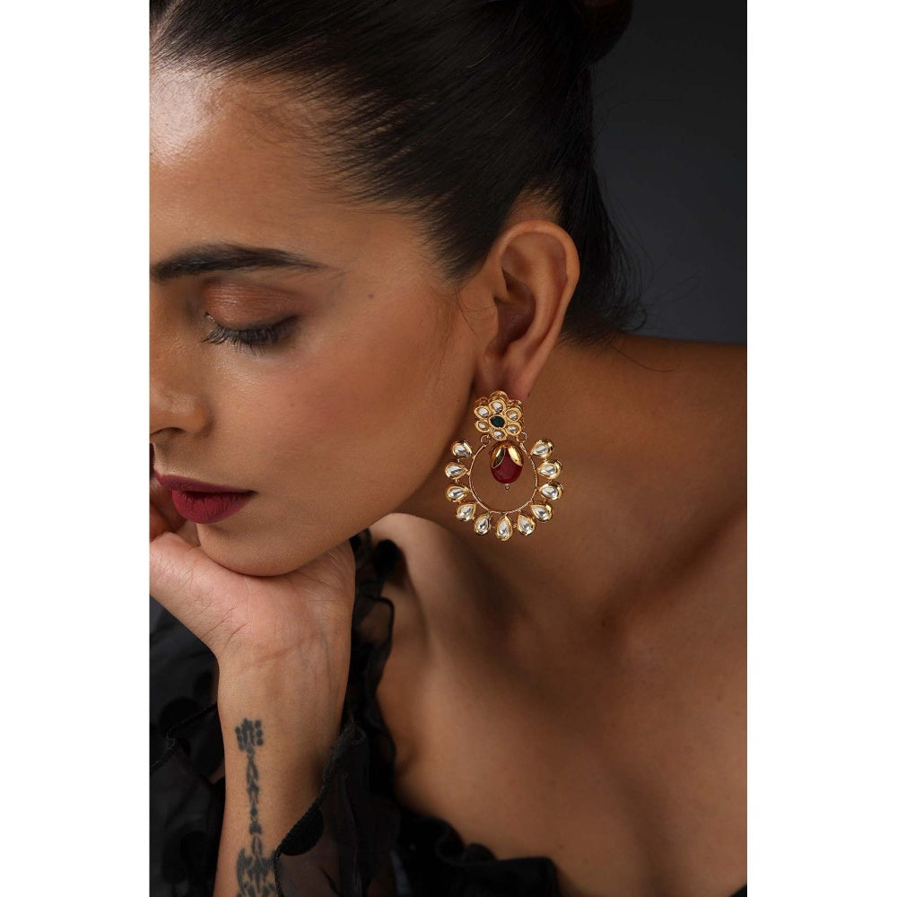 SWABHIMANN Moira Red and Green Kundan Chandbali Earrings