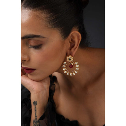SWABHIMANN Moira Red and Green Kundan Chandbali Earrings
