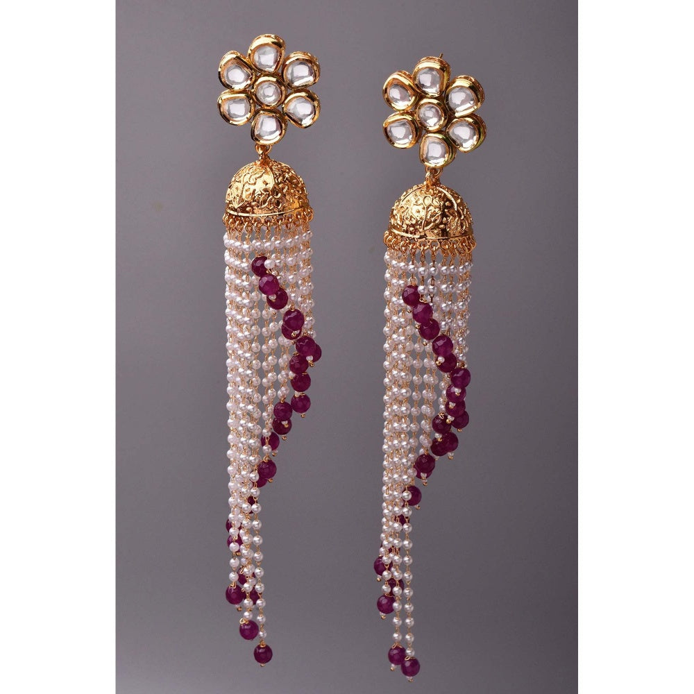 SWABHIMANN Gaurvi Red Kundan and Pearl Long Jhumka Earrings