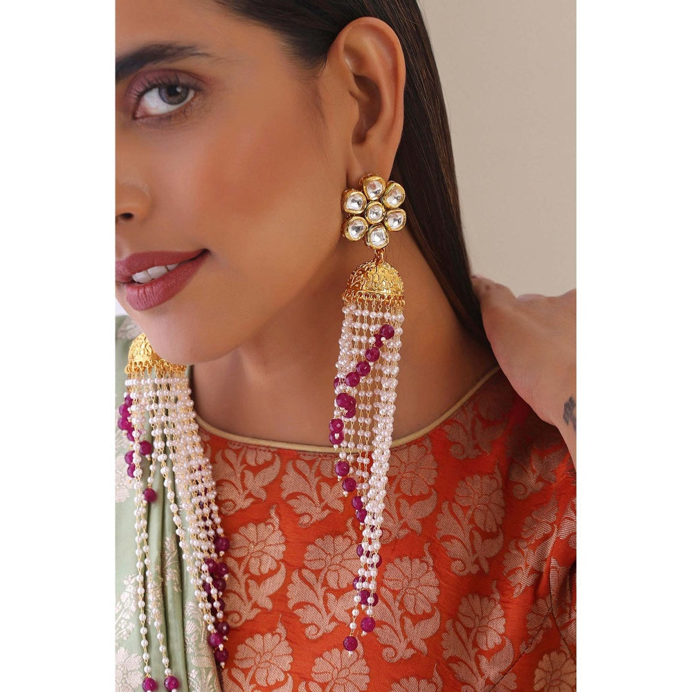 SWABHIMANN Gaurvi Red Kundan and Pearl Long Jhumka Earrings