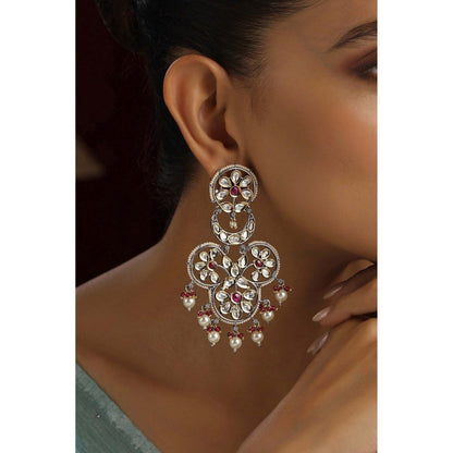 SWABHIMANN Riha Red and Silver Polki Chandbali Earrings