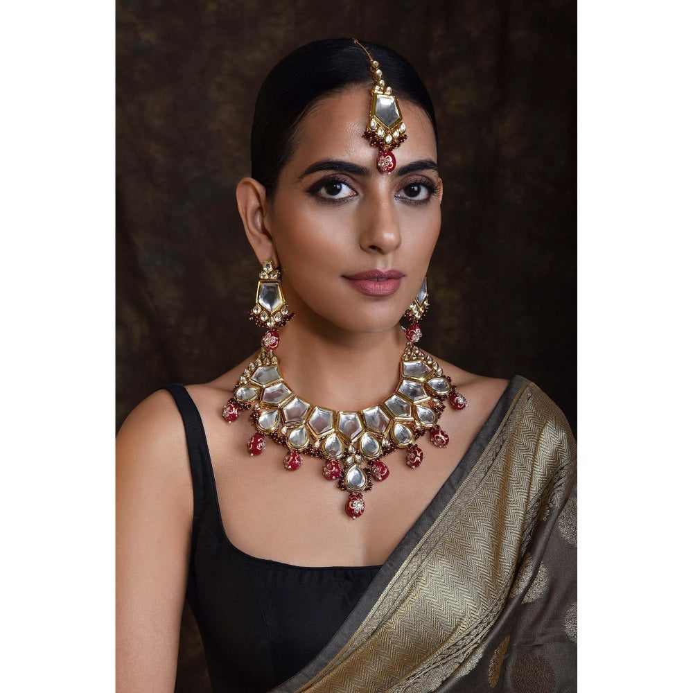 SWABHIMANN Ramani Red Gold Plated Polki Short Necklace with Earrings Set