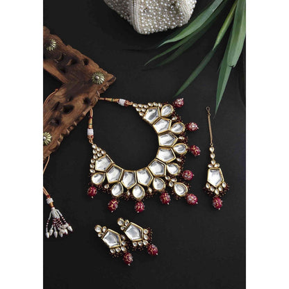 SWABHIMANN Ramani Red Gold Plated Polki Short Necklace with Earrings Set