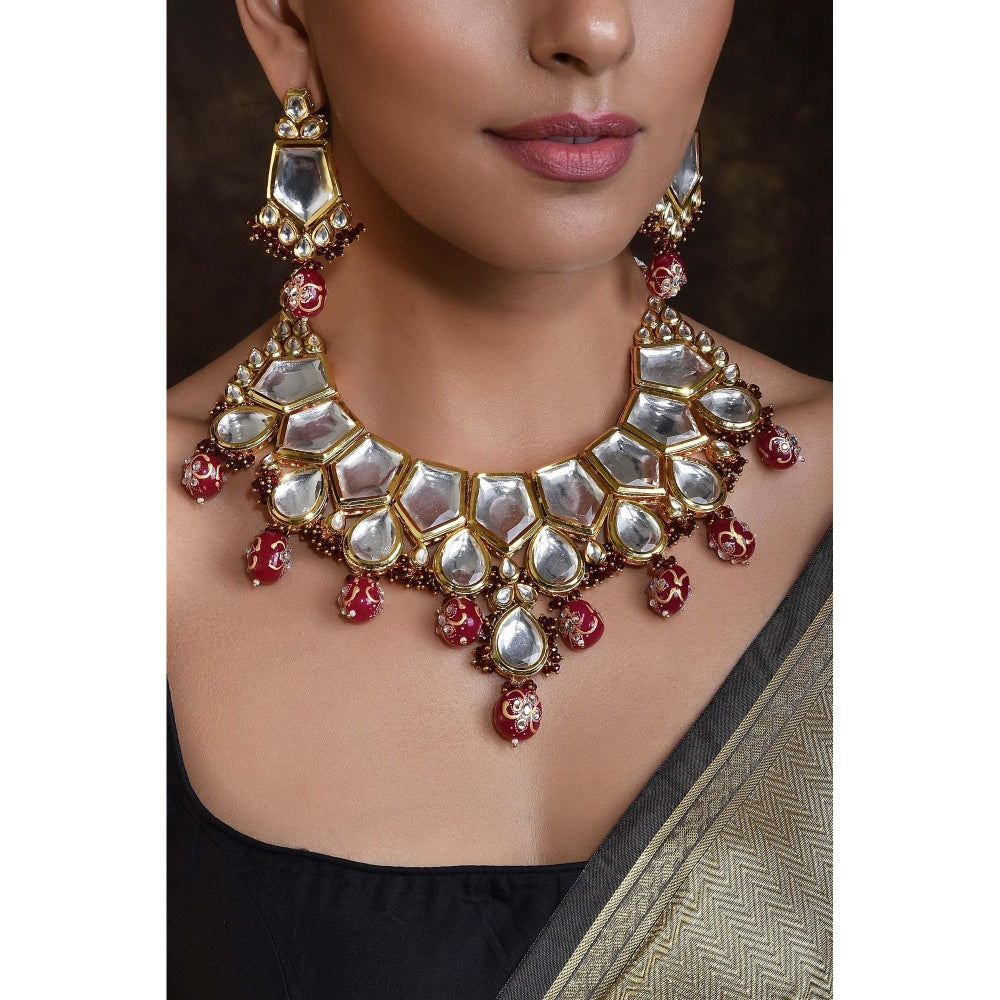 SWABHIMANN Ramani Red Gold Plated Polki Short Necklace with Earrings Set