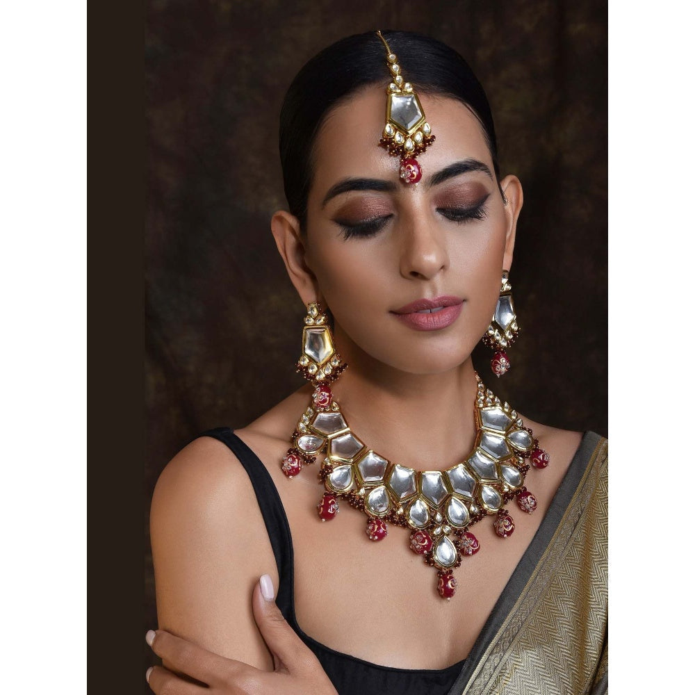 SWABHIMANN Ramani Red Gold Plated Polki Short Necklace with Earrings Set