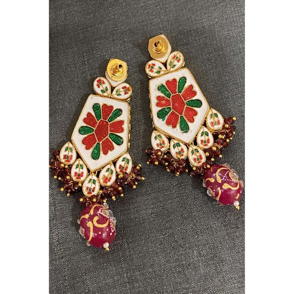 SWABHIMANN Ramani Red Gold Plated Polki Short Necklace with Earrings Set