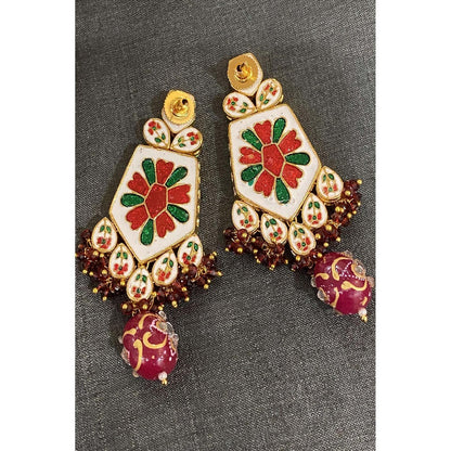 SWABHIMANN Ramani Red Gold Plated Polki Short Necklace with Earrings Set