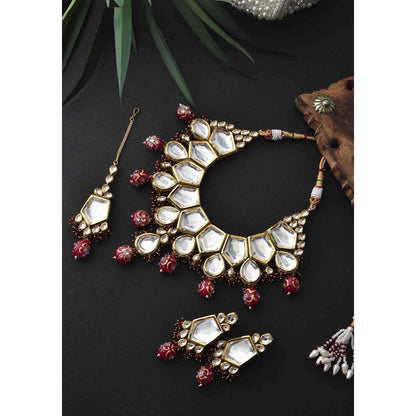 SWABHIMANN Ramani Red Gold Plated Polki Short Necklace with Earrings Set