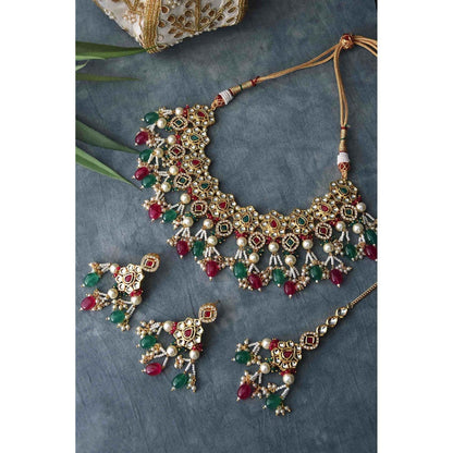 SWABHIMANN Aaruna Multicolor Gold Plated Kundan Choker Necklace with Earrings and Maang Tikka