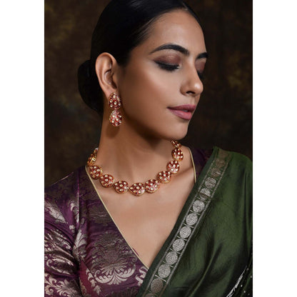 SWABHIMANN Shlokha Red Gold Plated Kundan Meenakari Necklace with Earrings Set
