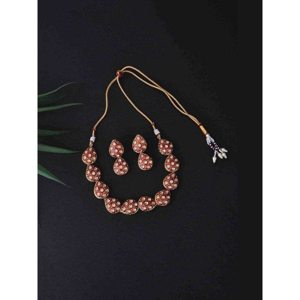 SWABHIMANN Shlokha Red Gold Plated Kundan Meenakari Necklace with Earrings Set