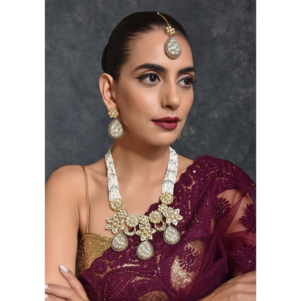 SWABHIMANN Mandira Grey Gold Plated Kundan Bridal Necklace with Earrings Set
