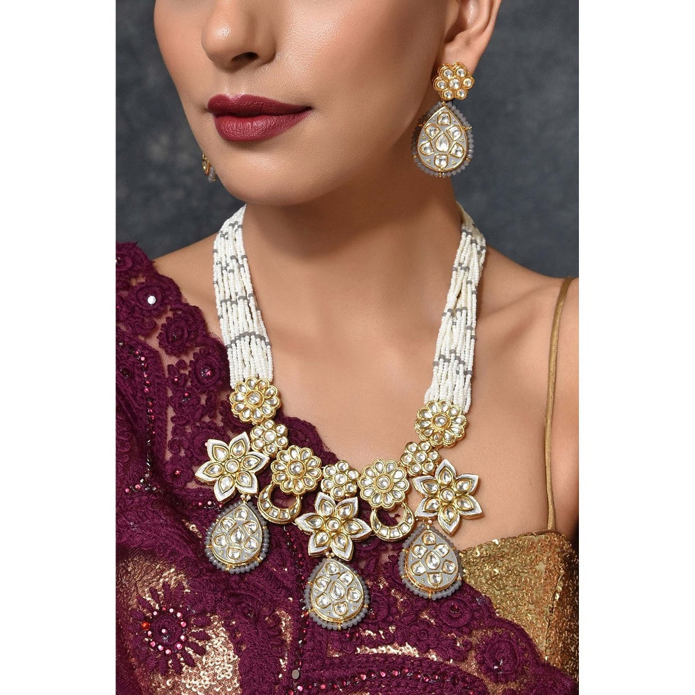 SWABHIMANN Mandira Grey Gold Plated Kundan Bridal Necklace with Earrings Set