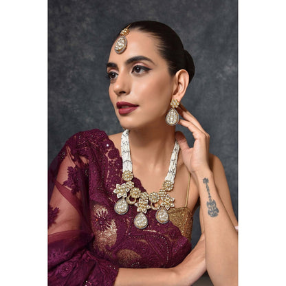 SWABHIMANN Mandira Grey Gold Plated Kundan Bridal Necklace with Earrings Set