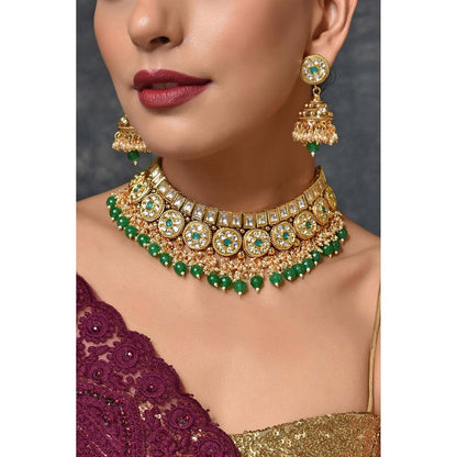 SWABHIMANN Ehsaas Green Gold Plated Kundan Necklace with Earrings Set