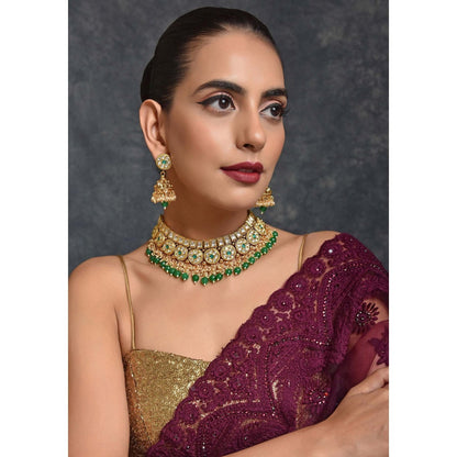 SWABHIMANN Ehsaas Green Gold Plated Kundan Necklace with Earrings Set
