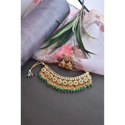 SWABHIMANN Ehsaas Green Gold Plated Kundan Necklace with Earrings Set