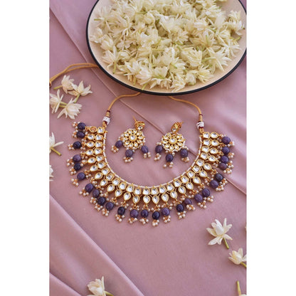 SWABHIMANN Griya Purple Gold Plated Kundan Necklace with Earrings Set