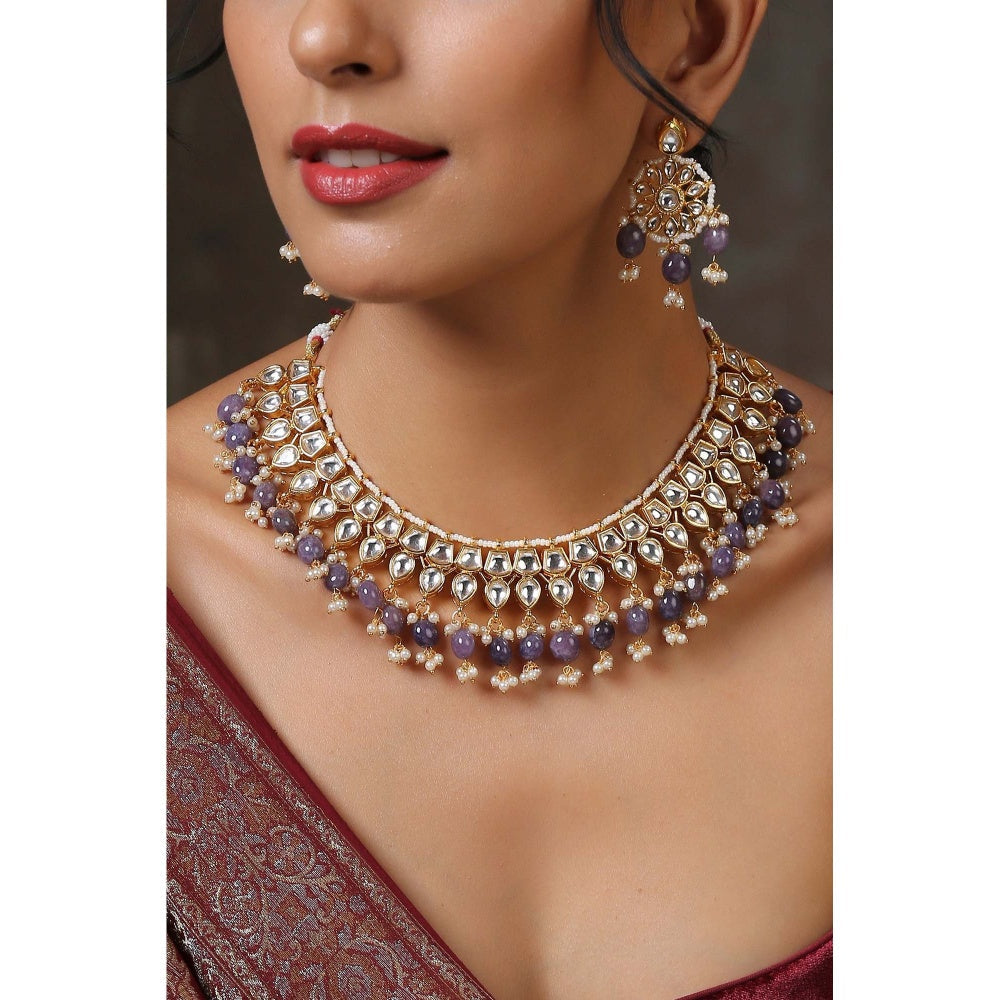 SWABHIMANN Griya Purple Gold Plated Kundan Necklace with Earrings Set