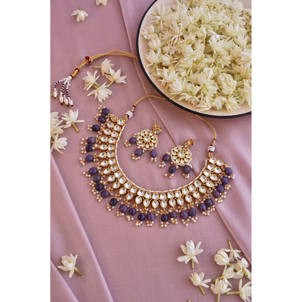 SWABHIMANN Griya Purple Gold Plated Kundan Necklace with Earrings Set