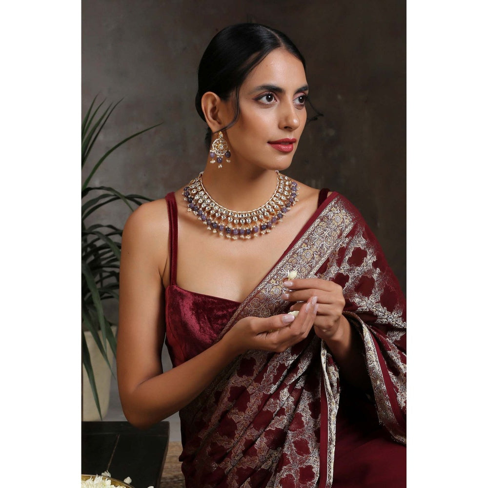 SWABHIMANN Griya Purple Gold Plated Kundan Necklace with Earrings Set