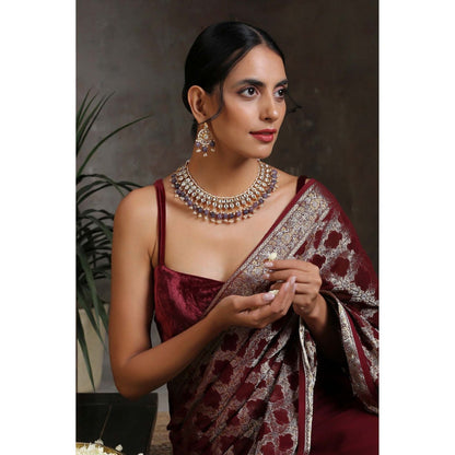 SWABHIMANN Griya Purple Gold Plated Kundan Necklace with Earrings Set