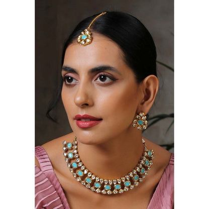 SWABHIMANN Shakti Mohan in Nirali Blue Kundan Necklace with Earrings and Maang Tikka