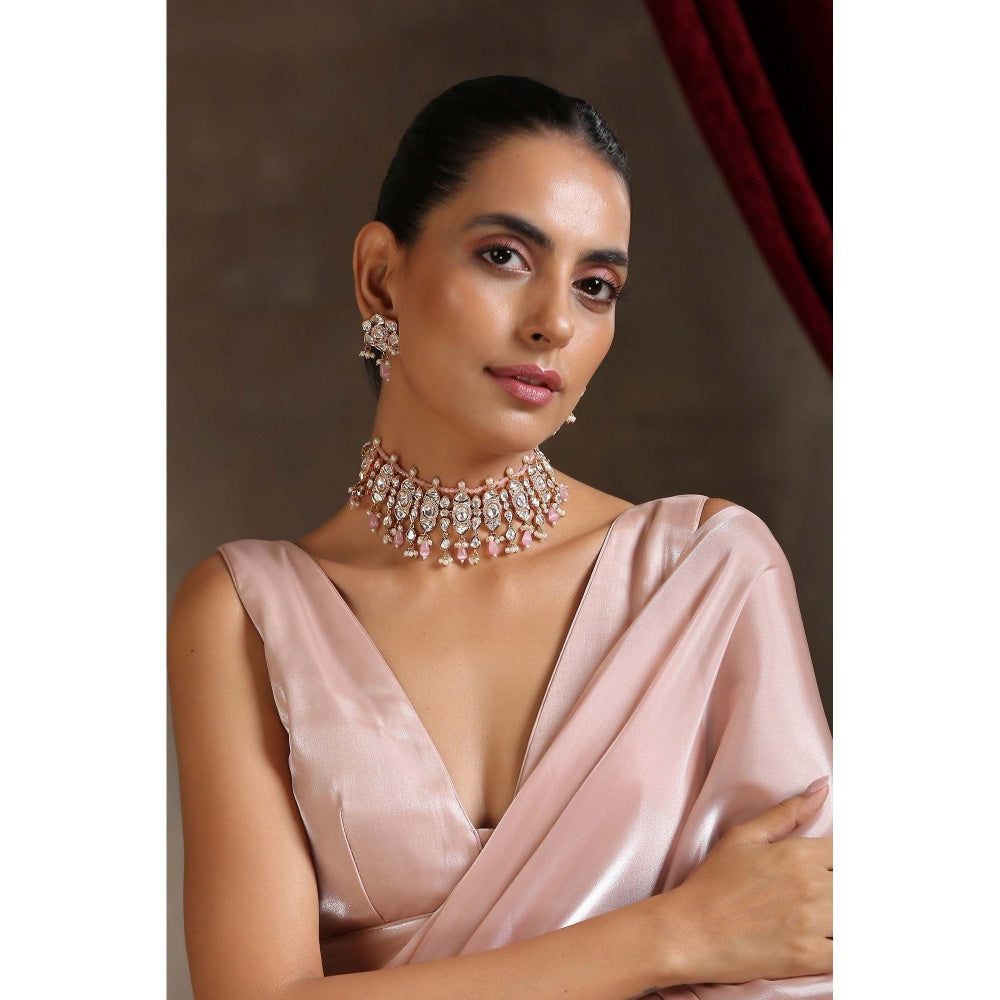 SWABHIMANN Norah Pink Gold Plated Polki Choker Necklace with Earrings Set