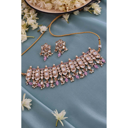 SWABHIMANN Norah Pink Gold Plated Polki Choker Necklace with Earrings Set