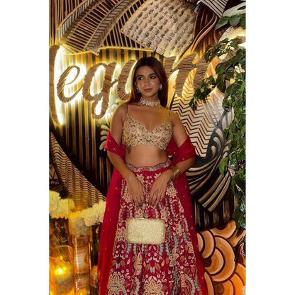 SWABHIMANN Norah Pink Gold Plated Polki Choker Necklace with Earrings Set